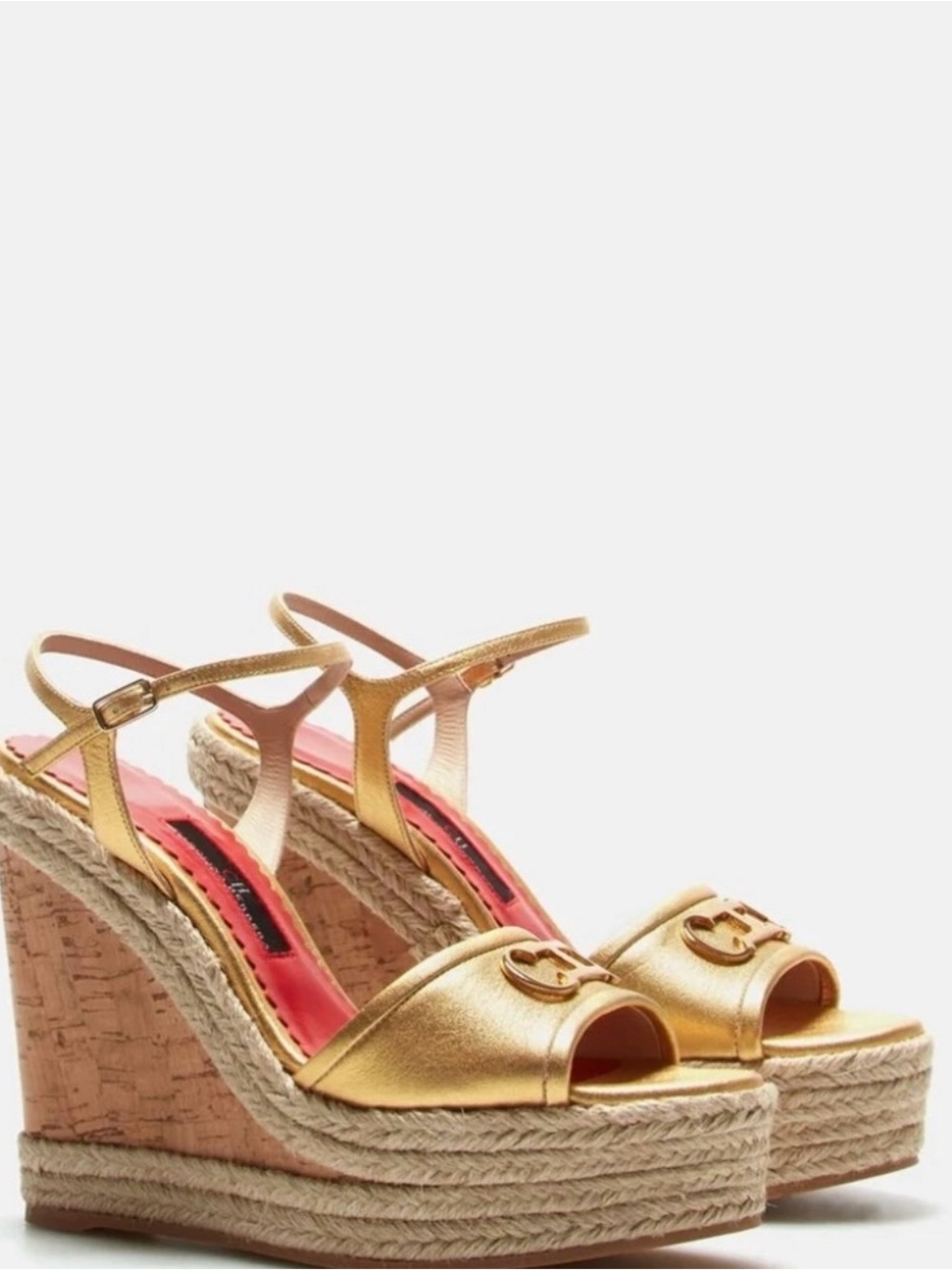 Carolina Herrera Gold Leather Espadrille Cork Wedges